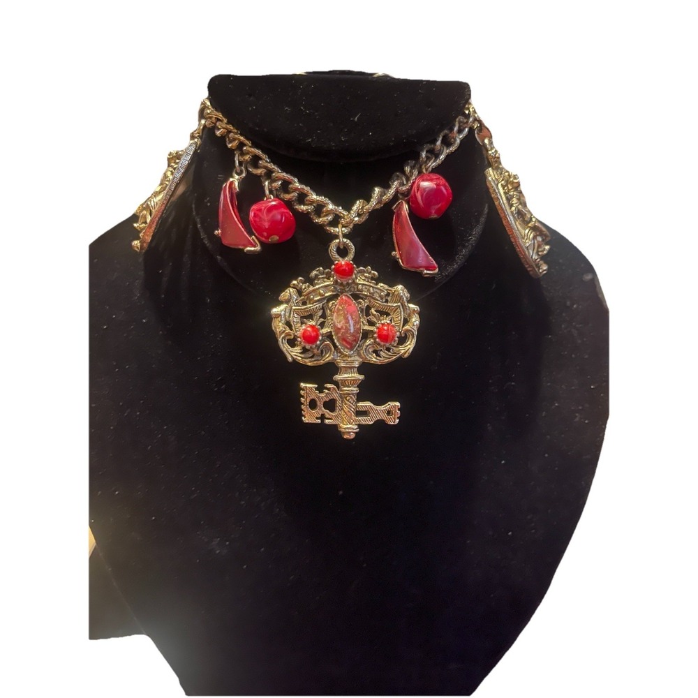 Vtg 1960s Red Moonglow Lucite Charm Bracelet - Knight Key Horn - Coro Style